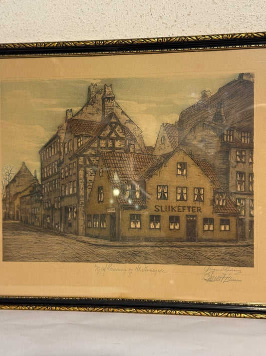 Charles M. Hansen (f.1888-1962) Koloreret radering af værtshuset “Sluk efter”, København. Start 20.Årh