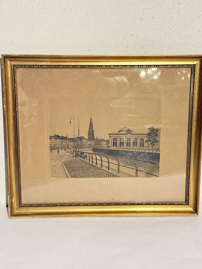 Otto Holm (f.1879-1966) Radering fra Gl.Strand, Kbh. Fra start 1900 tallet