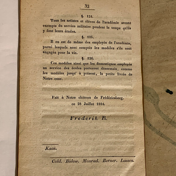 Kgl. Akademie. Antik privilegie hæfte fra 1814. På fransk. 1.Udgave, 1.Oplag.