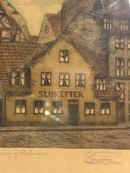 Charles M. Hansen (f.1888-1962) Koloreret radering af værtshuset “Sluk efter”, København. Start 20.Årh