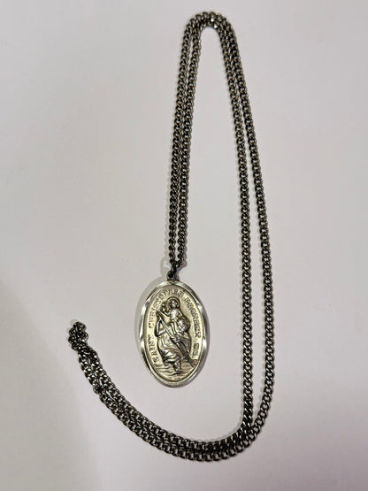 Vintage skt. christopher protect us sølv medaljon & kæde