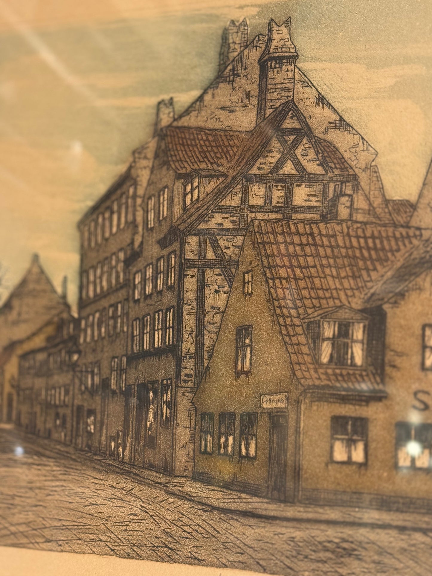 Charles M. Hansen (f.1888-1962) Koloreret radering af værtshuset “Sluk efter”, København. Start 20.Årh