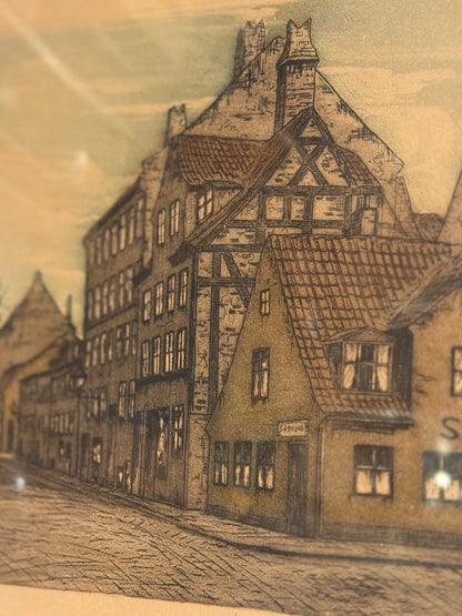 Charles M. Hansen (f.1888-1962) Koloreret radering af værtshuset “Sluk efter”, København. Start 20.Årh