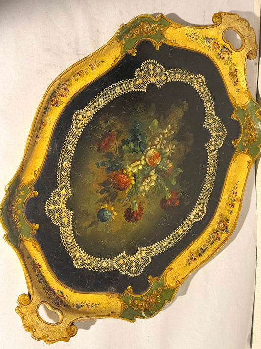Vintage Italian handmade floral serving tray. Mid 20th century