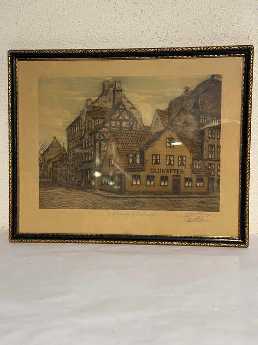 Charles M. Hansen (f.1888-1962) Koloreret radering af værtshuset “Sluk efter”, København. Start 20.Årh