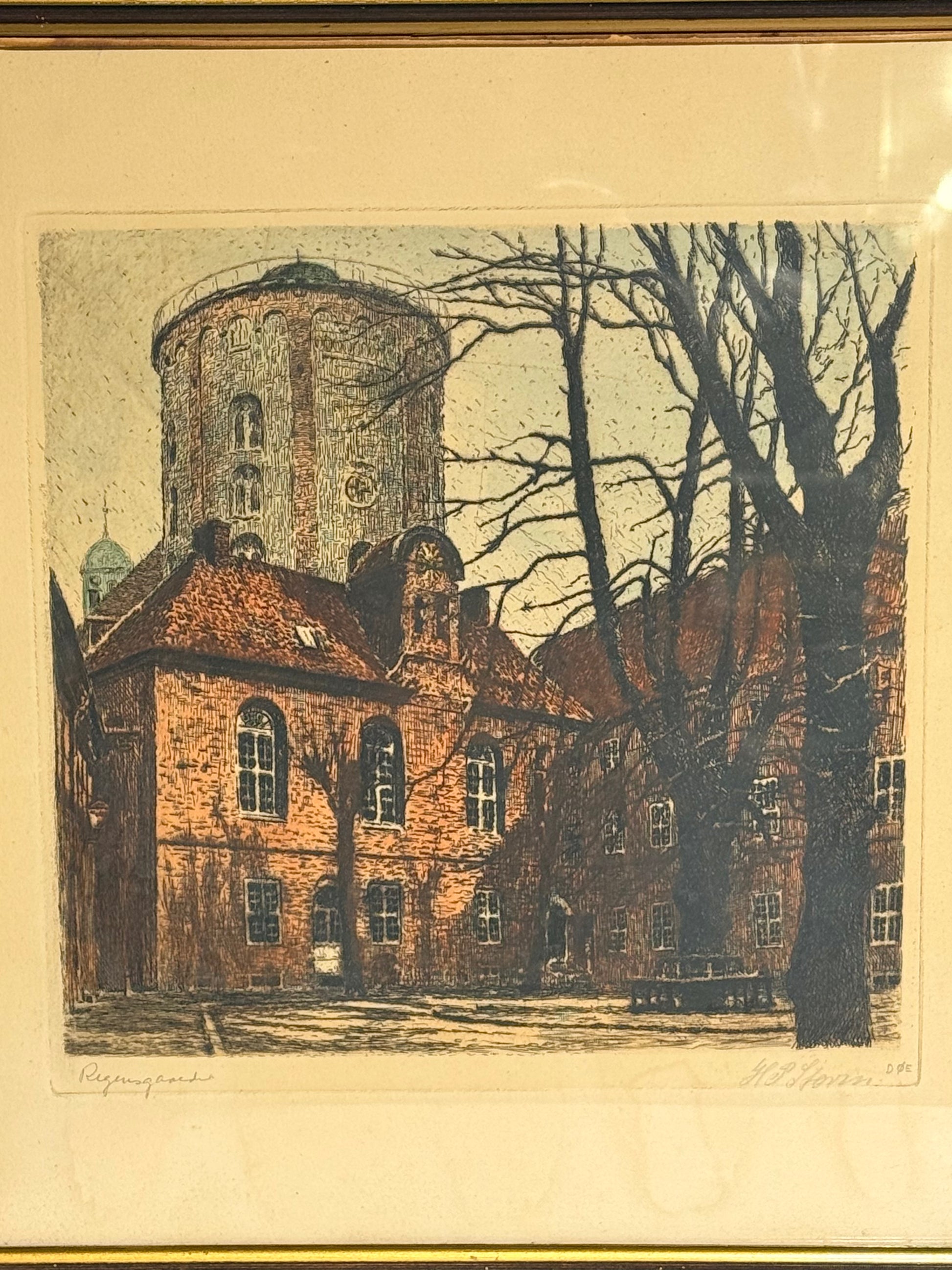 Hans Peter Storm (f.1878-1941.)Koloreret radering af Regensgaarden, København. Start 20.Årh