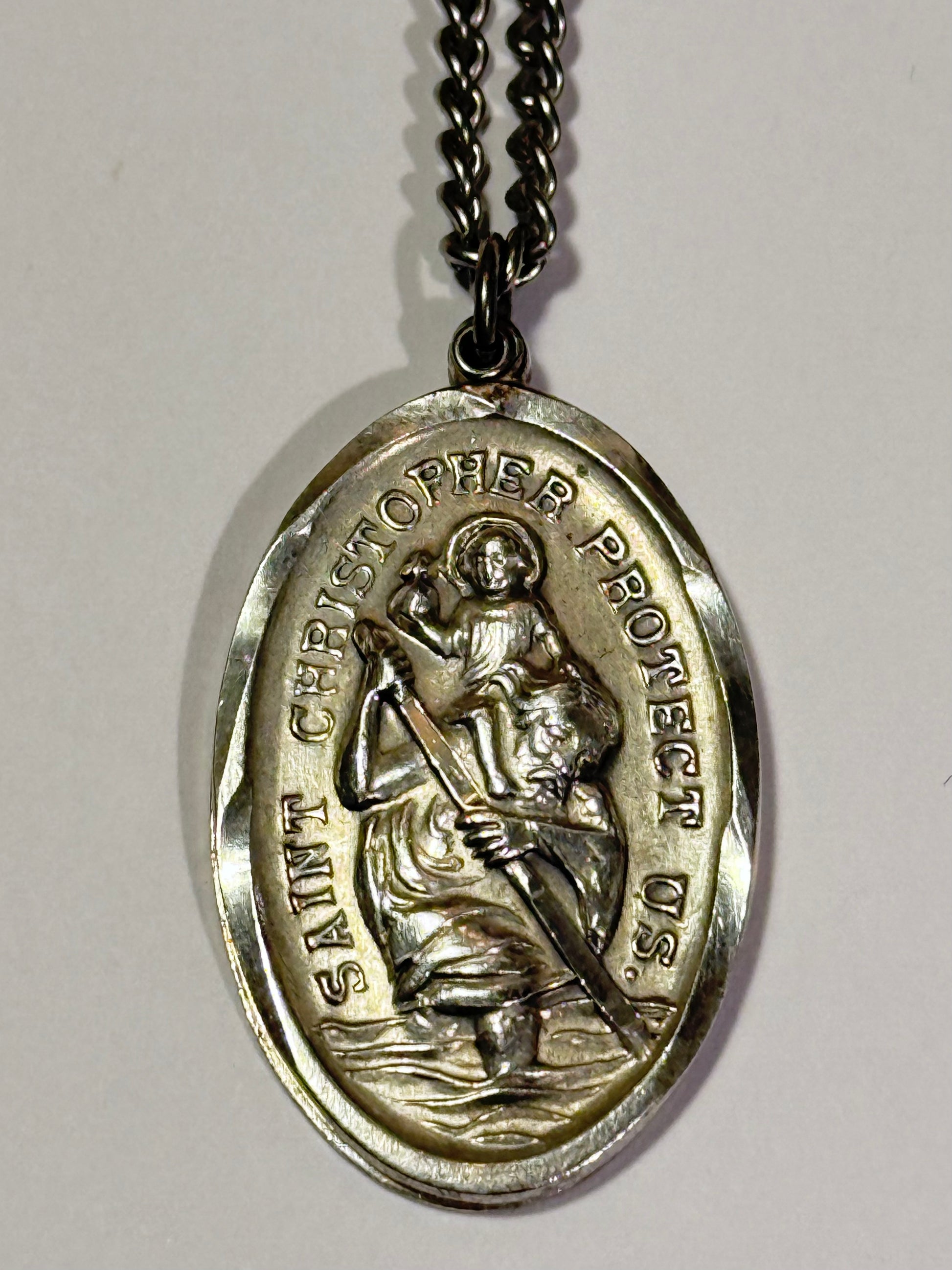 Vintage skt. christopher protect us sølv medaljon & kæde