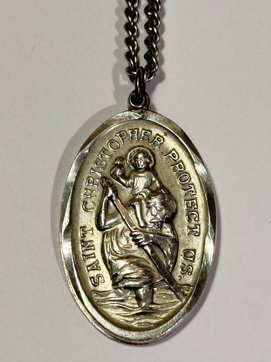 Vintage skt. christopher protect us sølv medaljon & kæde