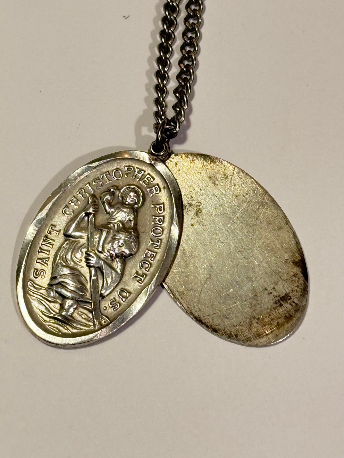 Vintage skt. christopher protect us sølv medaljon & kæde