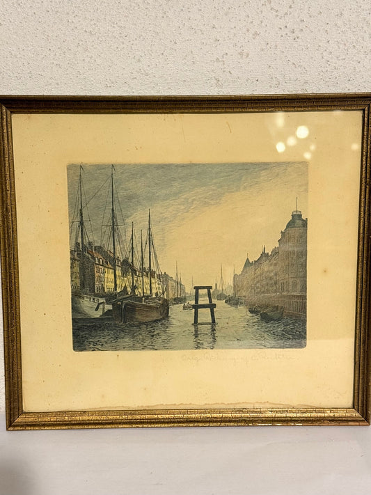 Richter. Koloreret radering af Nyhavn, København. Fra start 1900 tallet