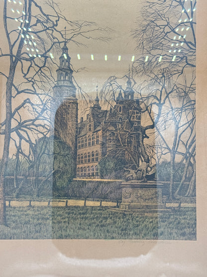 Et vintage radering af Rosenborg, København, af Otto Holm (f.1879-1966.), fra 1920/30érne