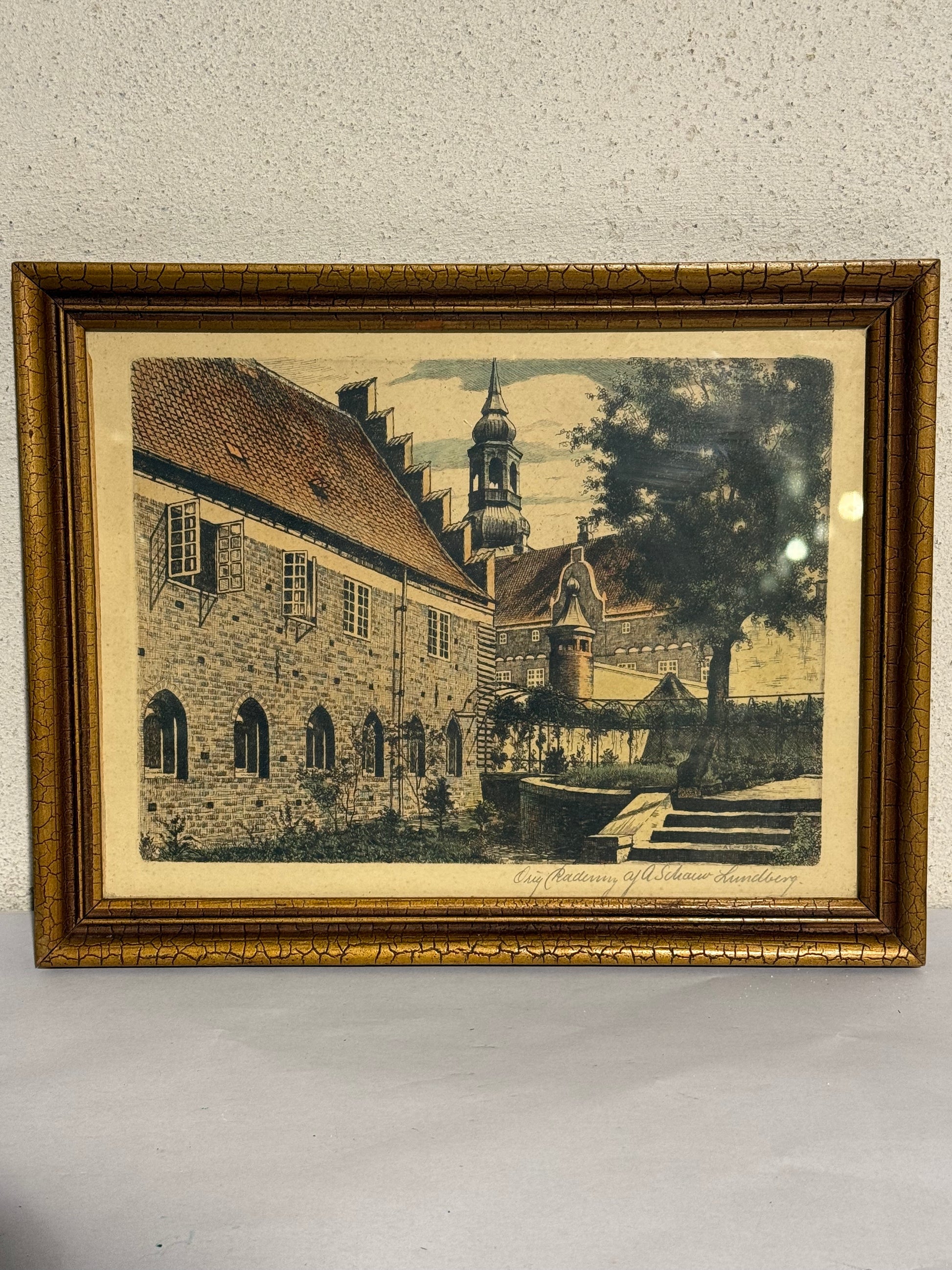 Anker Schouw Lundberg (f.1896-) koloreret radering af Aalborg kloster. Fra 1925