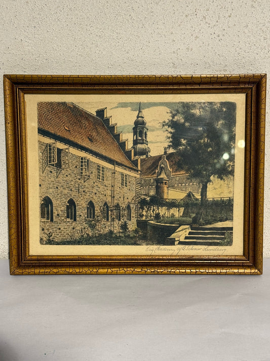 Anker Schouw Lundberg (f.1896-) koloreret radering af Aalborg kloster. Fra 1925