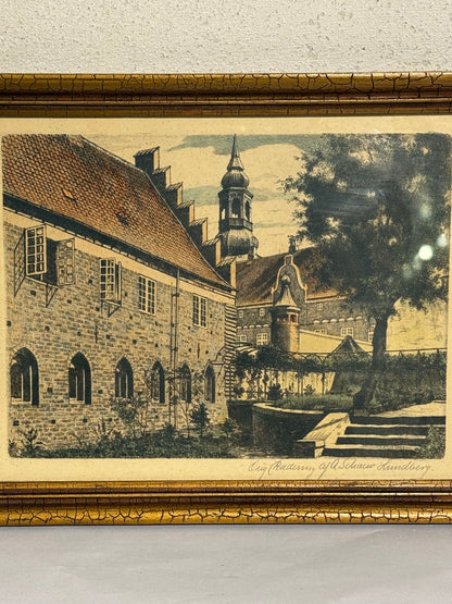 Anker Schouw Lundberg (f.1896-) koloreret radering af Aalborg kloster. Fra 1925