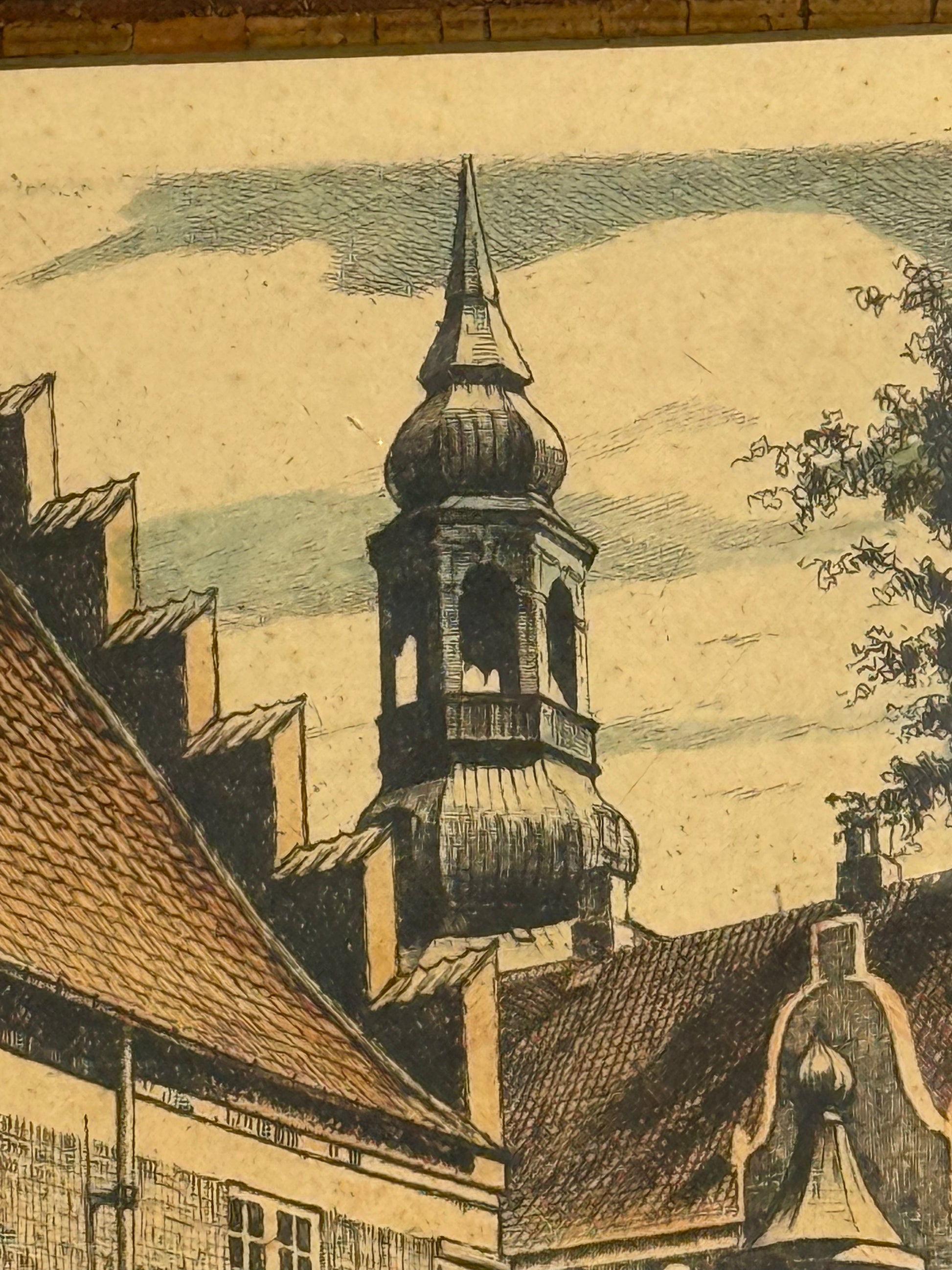 Anker Schouw Lundberg (f.1896-) koloreret radering af Aalborg kloster. Fra 1925