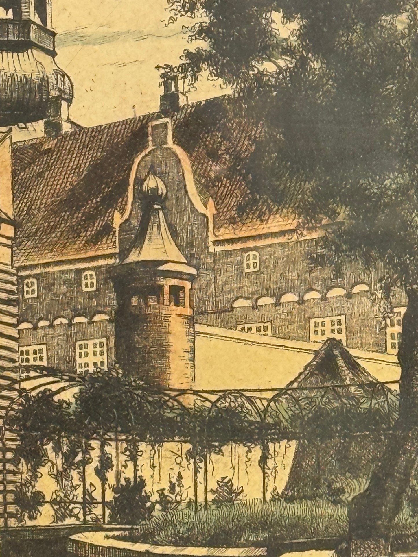 Anker Schouw Lundberg (f.1896-) koloreret radering af Aalborg kloster. Fra 1925