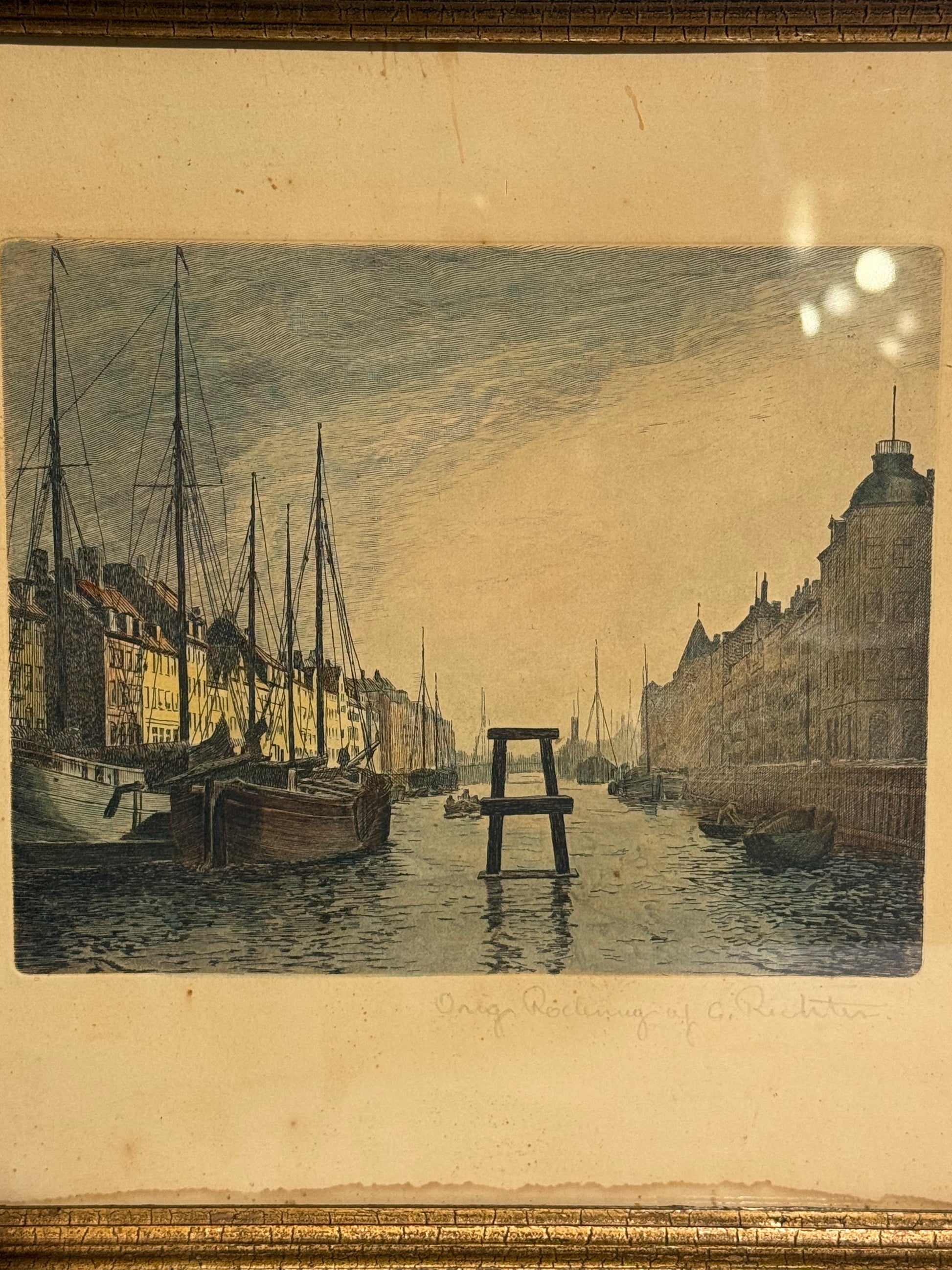 Richter. Koloreret radering af Nyhavn, København. Fra start 1900 tallet