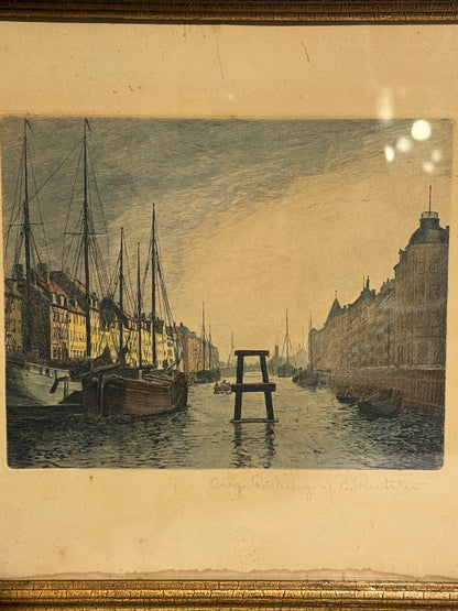 Richter. Koloreret radering af Nyhavn, København. Fra start 1900 tallet