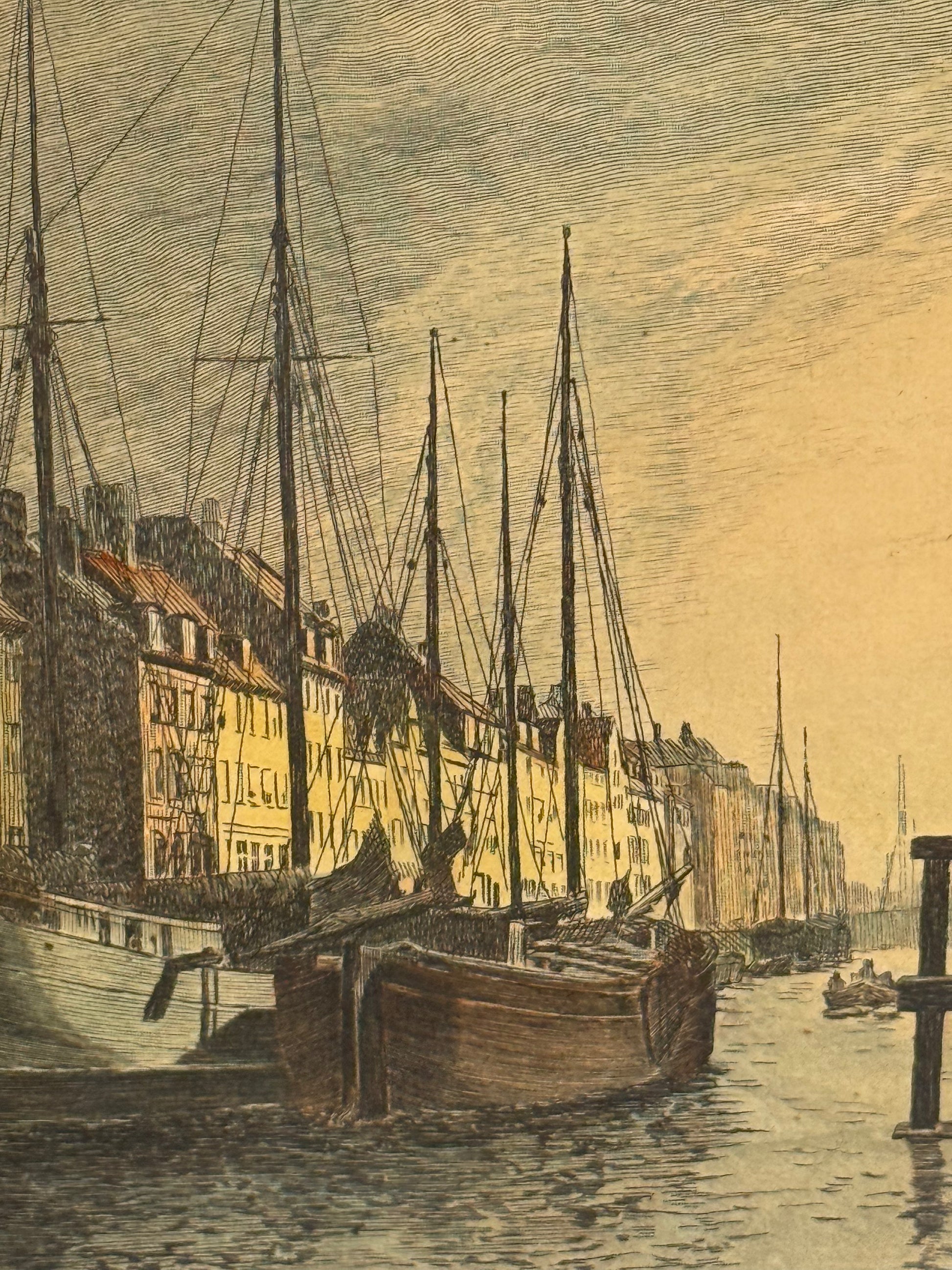 Richter. Koloreret radering af Nyhavn, København. Fra start 1900 tallet