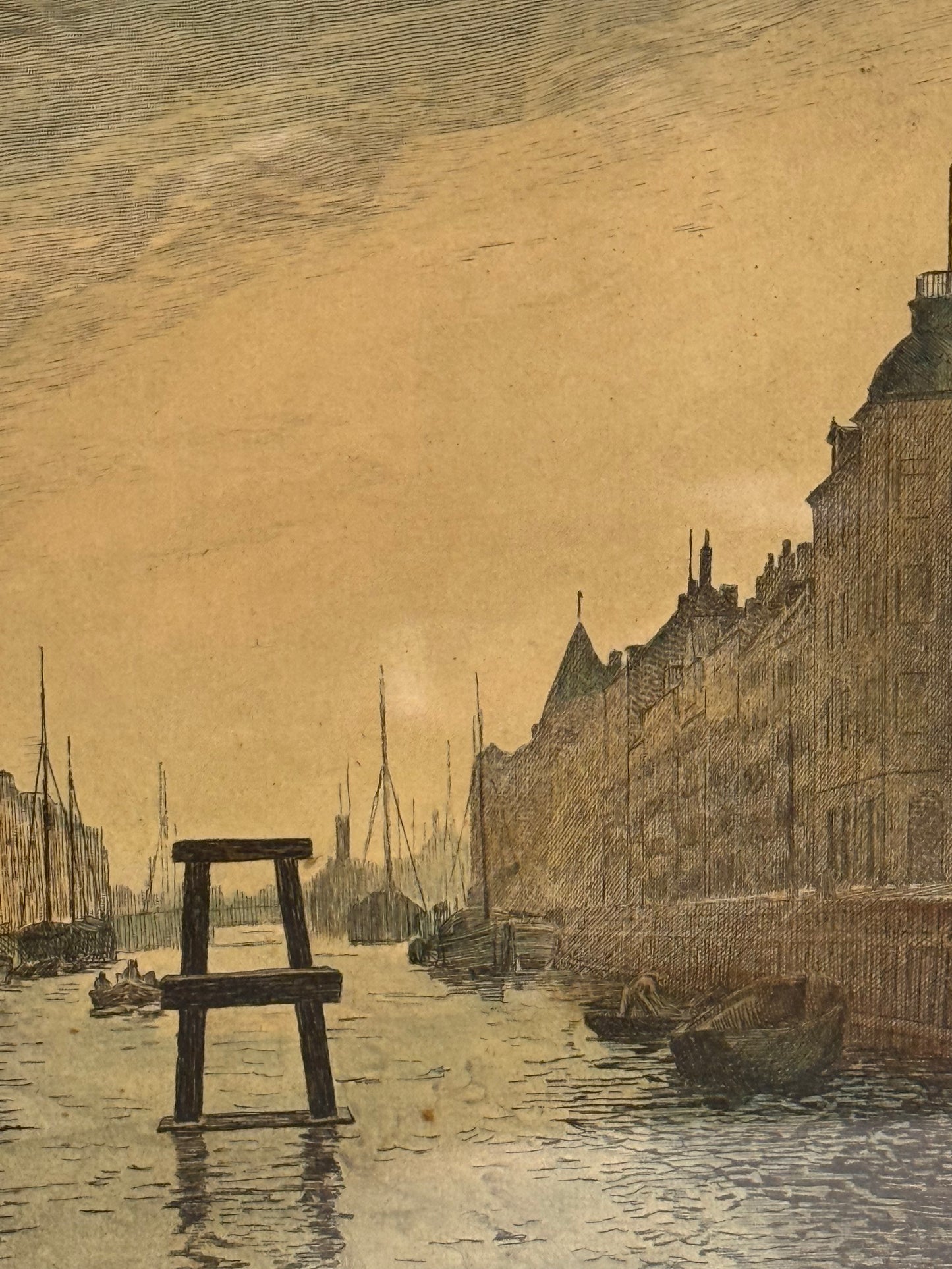 Richter. Koloreret radering af Nyhavn, København. Fra start 1900 tallet