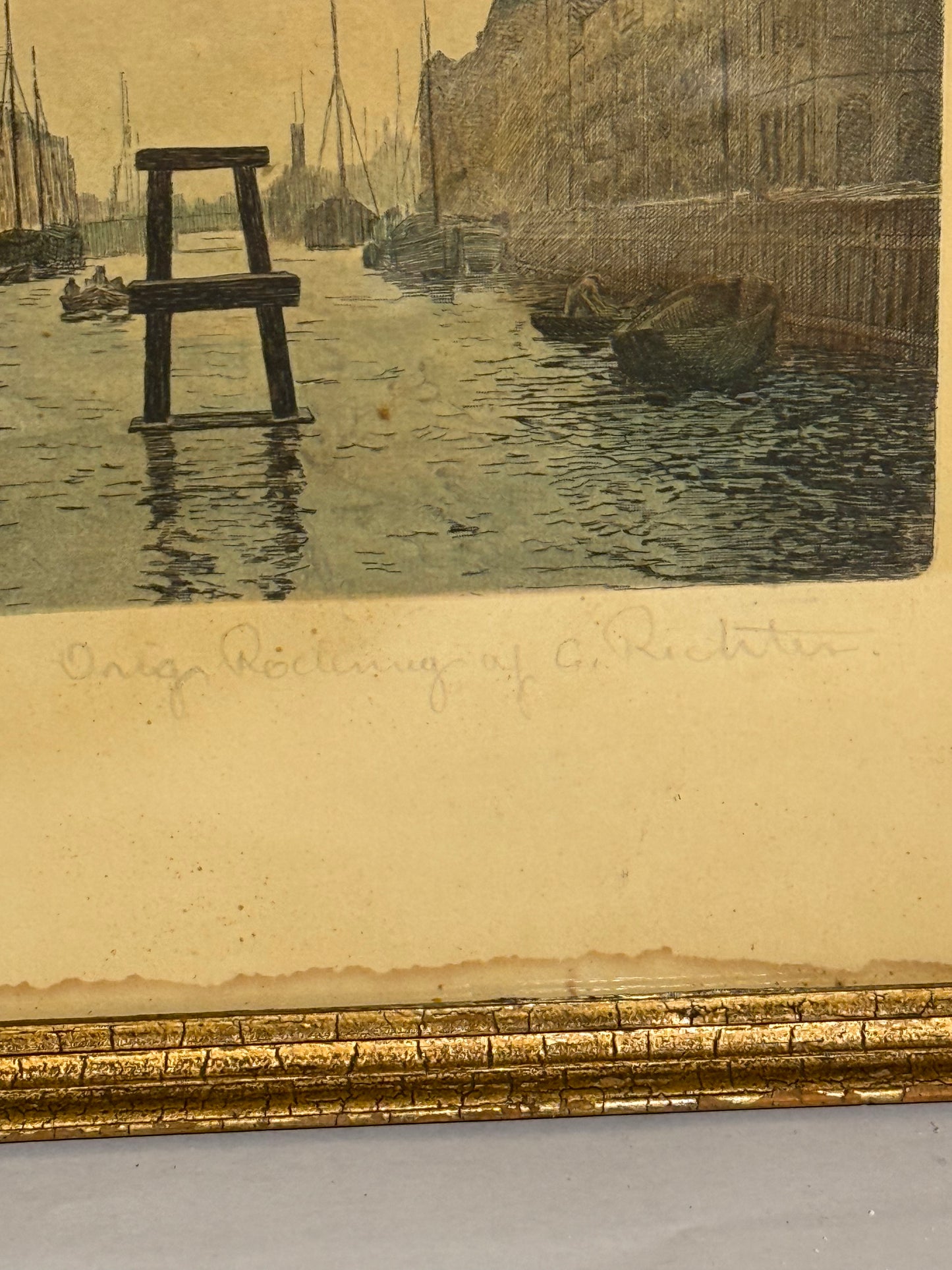 Richter. Koloreret radering af Nyhavn, København. Fra start 1900 tallet