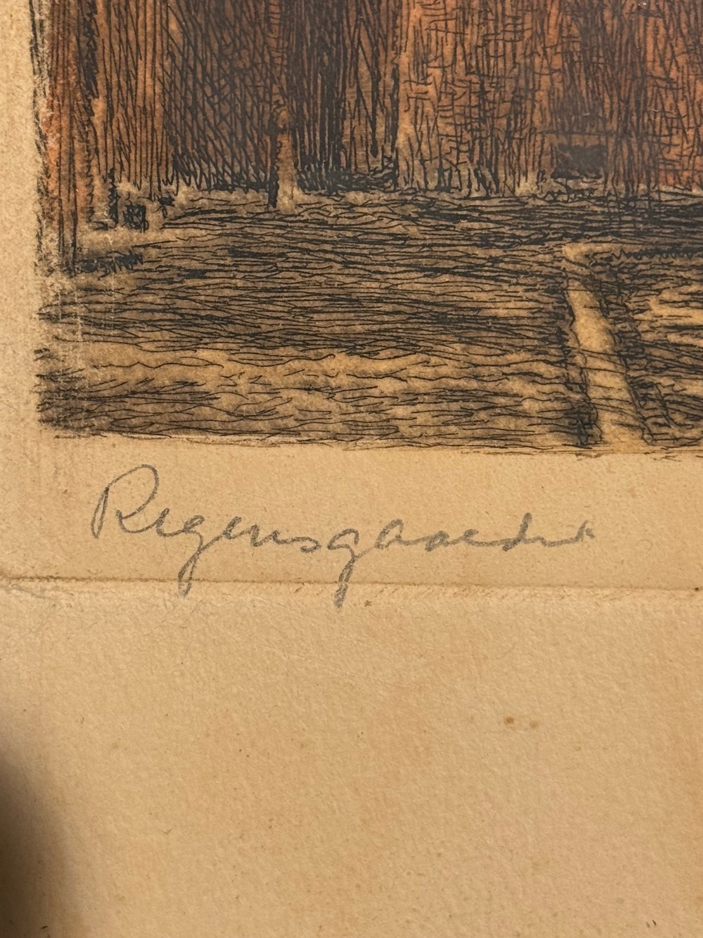 Hans Peter Storm (f.1878-1941.)Koloreret radering af Regensgaarden, København. Start 20.Årh