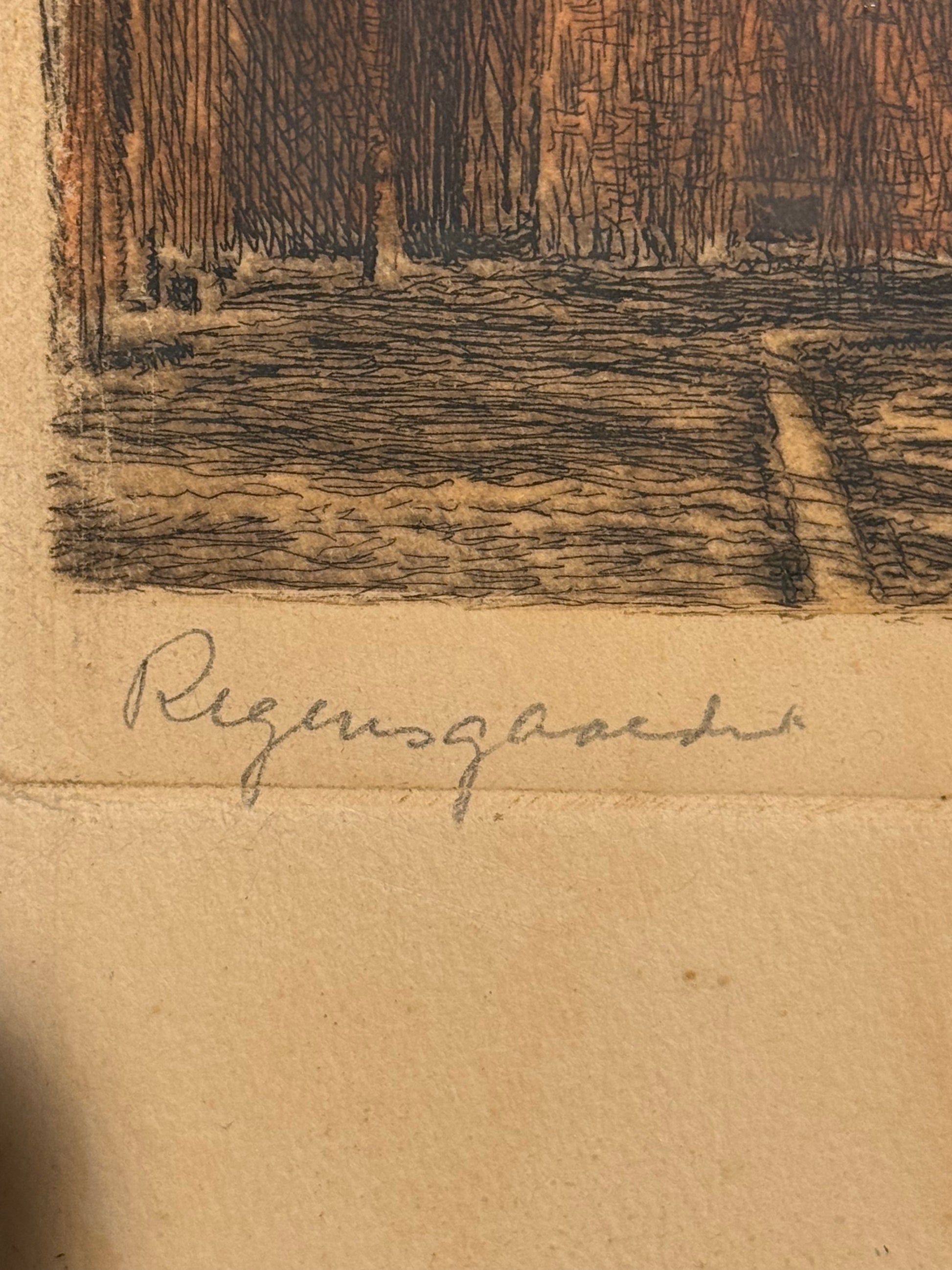 Hans Peter Storm (f.1878-1941.)Koloreret radering af Regensgaarden, København. Start 20.Årh