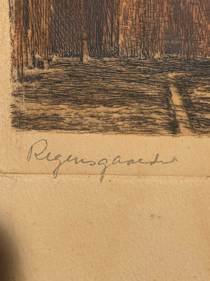 Hans Peter Storm (f.1878-1941.)Koloreret radering af Regensgaarden, København. Start 20.Årh