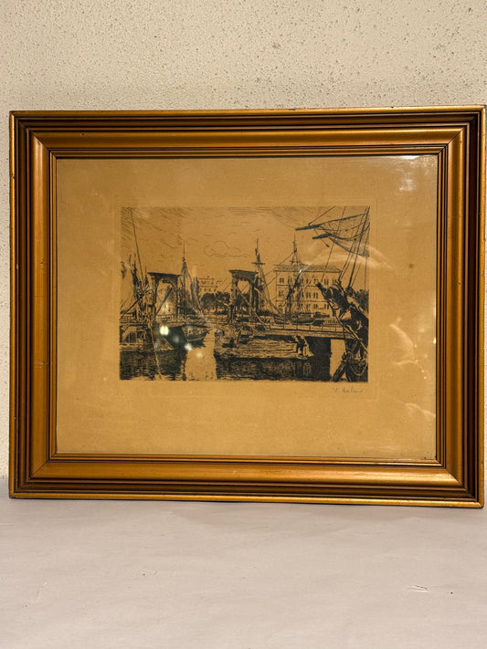 Knippelsbro 1816-1869. Antik radering, København, signeret. Fra slut 19. start 20.Årh