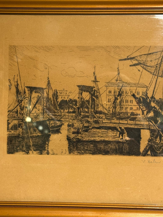 Knippelsbro 1816-1869. Antik radering, København, signeret. Fra slut 19. start 20.Årh