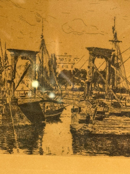 Knippelsbro 1816-1869. Antik radering, København, signeret. Fra slut 19. start 20.Årh