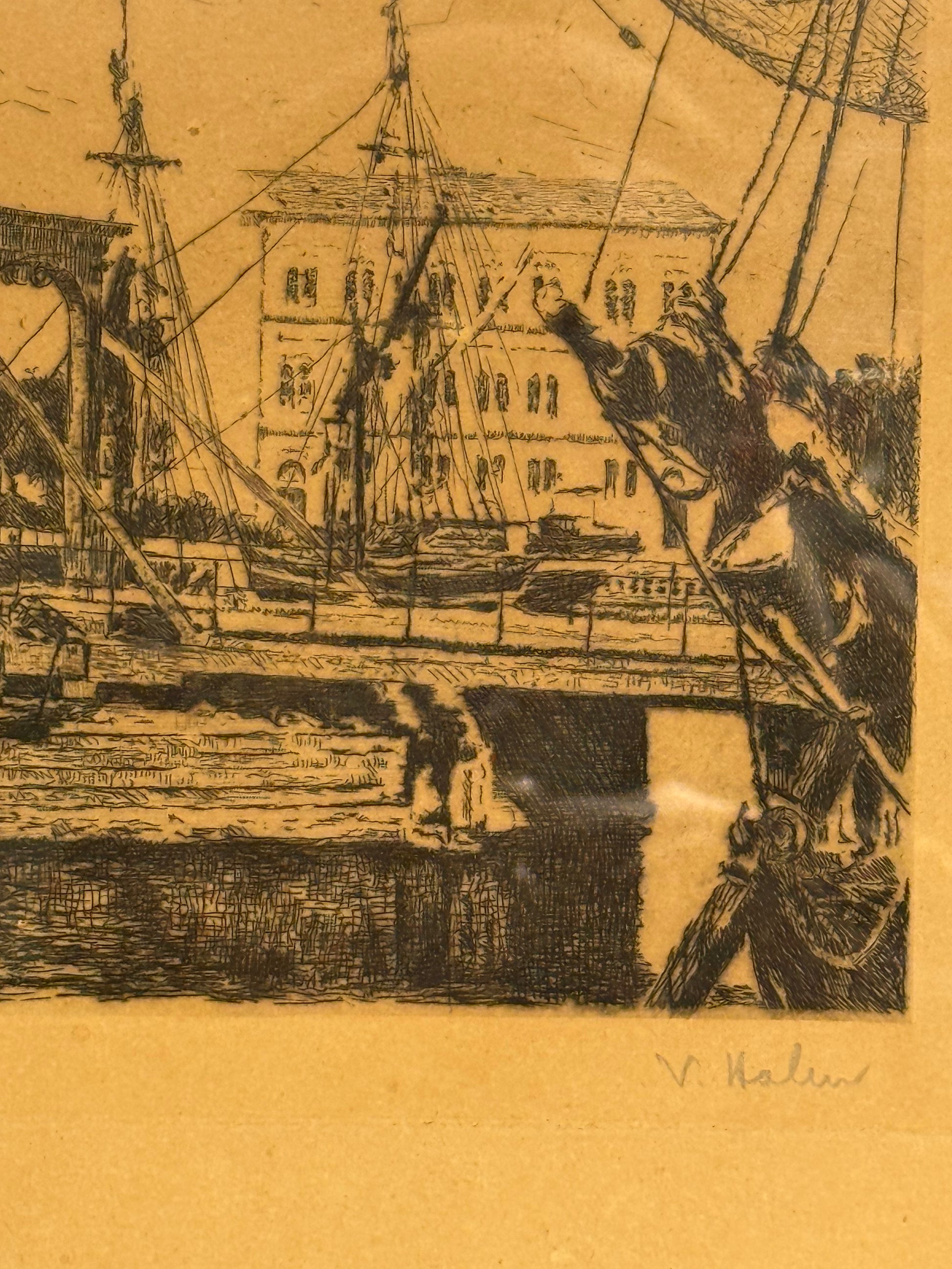 Knippelsbro 1816-1869. Antik radering, København, signeret. Fra slut 19. start 20.Årh