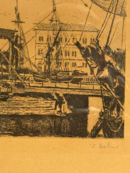 Knippelsbro 1816-1869. Antik radering, København, signeret. Fra slut 19. start 20.Årh