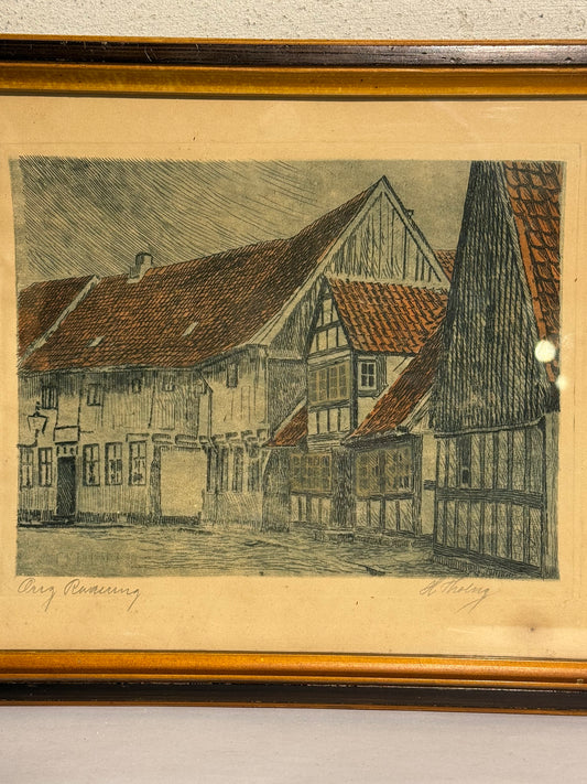 Rosengaarden, Randers. Antik radering, signeret. Fra start 20.Årh