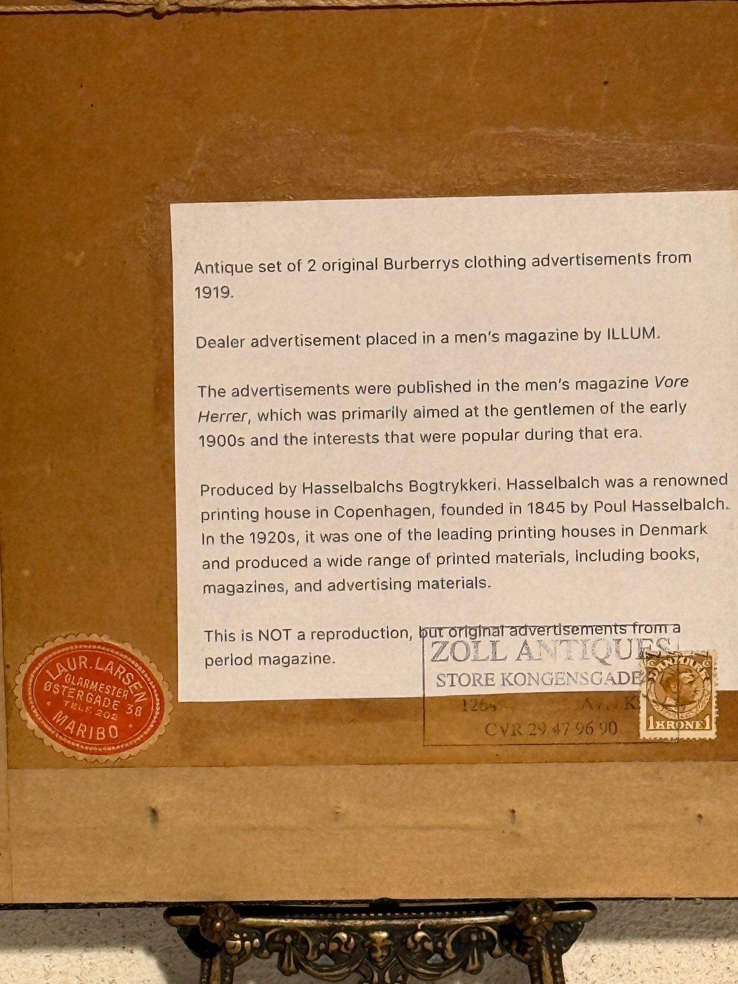 Antikke 2 stk originale BURBERRYS tøj reklamer, fra 1919