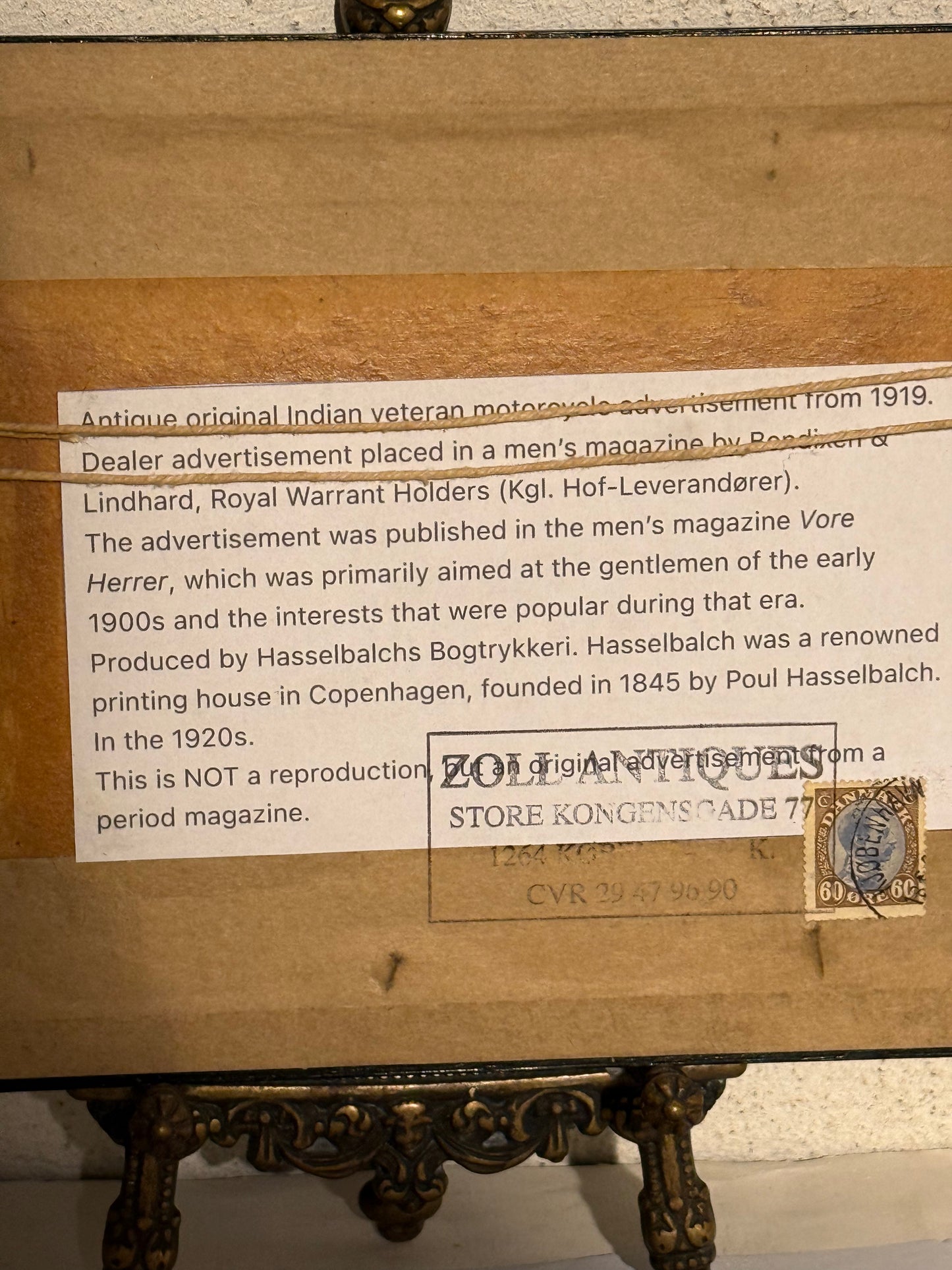 Antik original INDIAN motorcykel reklame, fra 1919