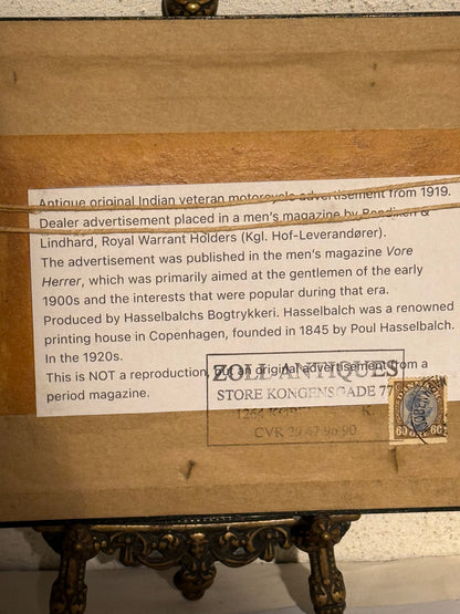 Antik original INDIAN motorcykel reklame, fra 1919