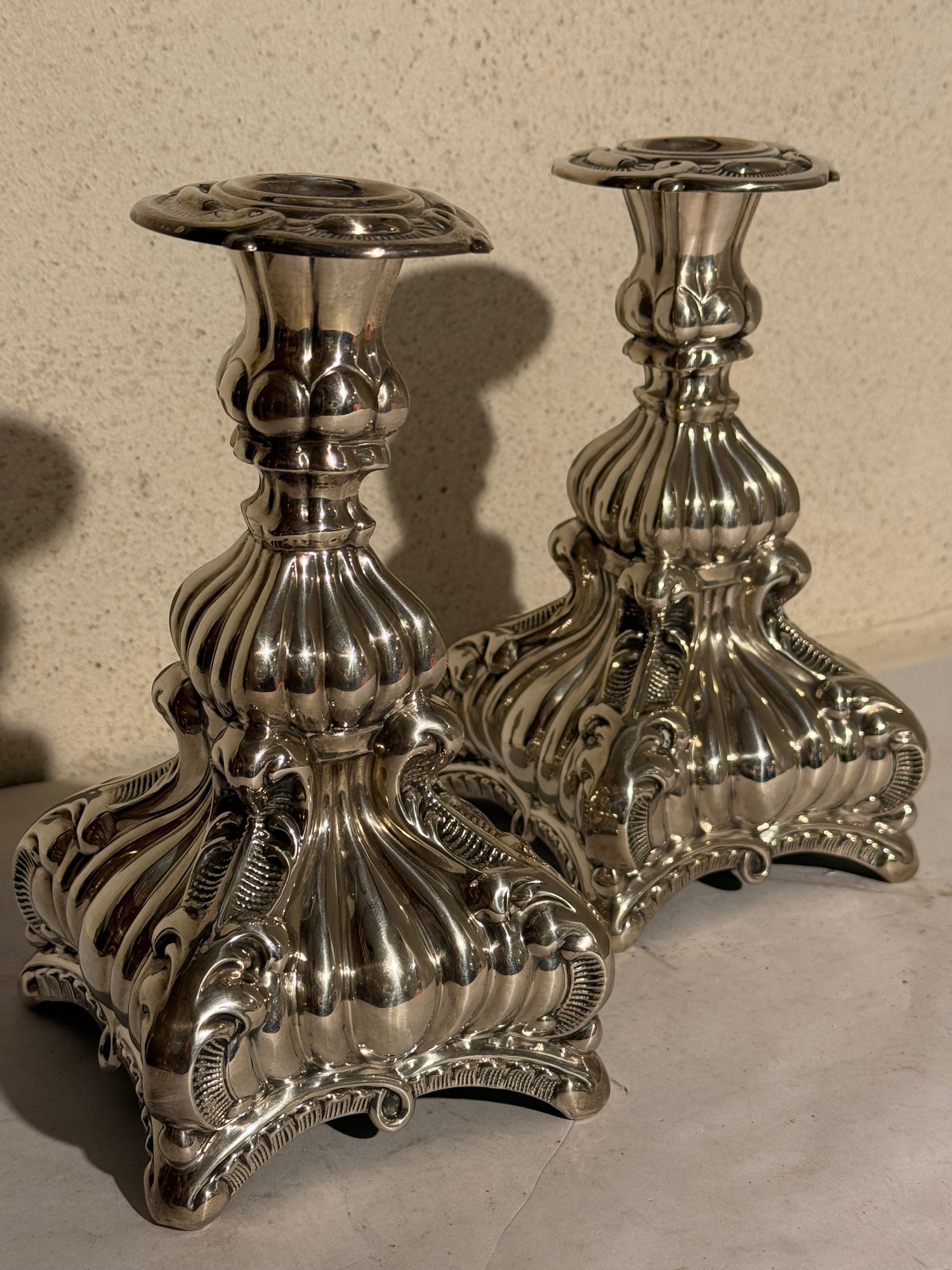 Sølvbelagt messing, rokoko stil, danske lysestager