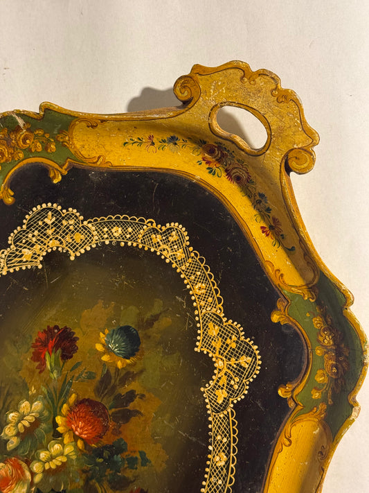 Mid 20th century Italian handmade floral serving tray. Vintage lace design