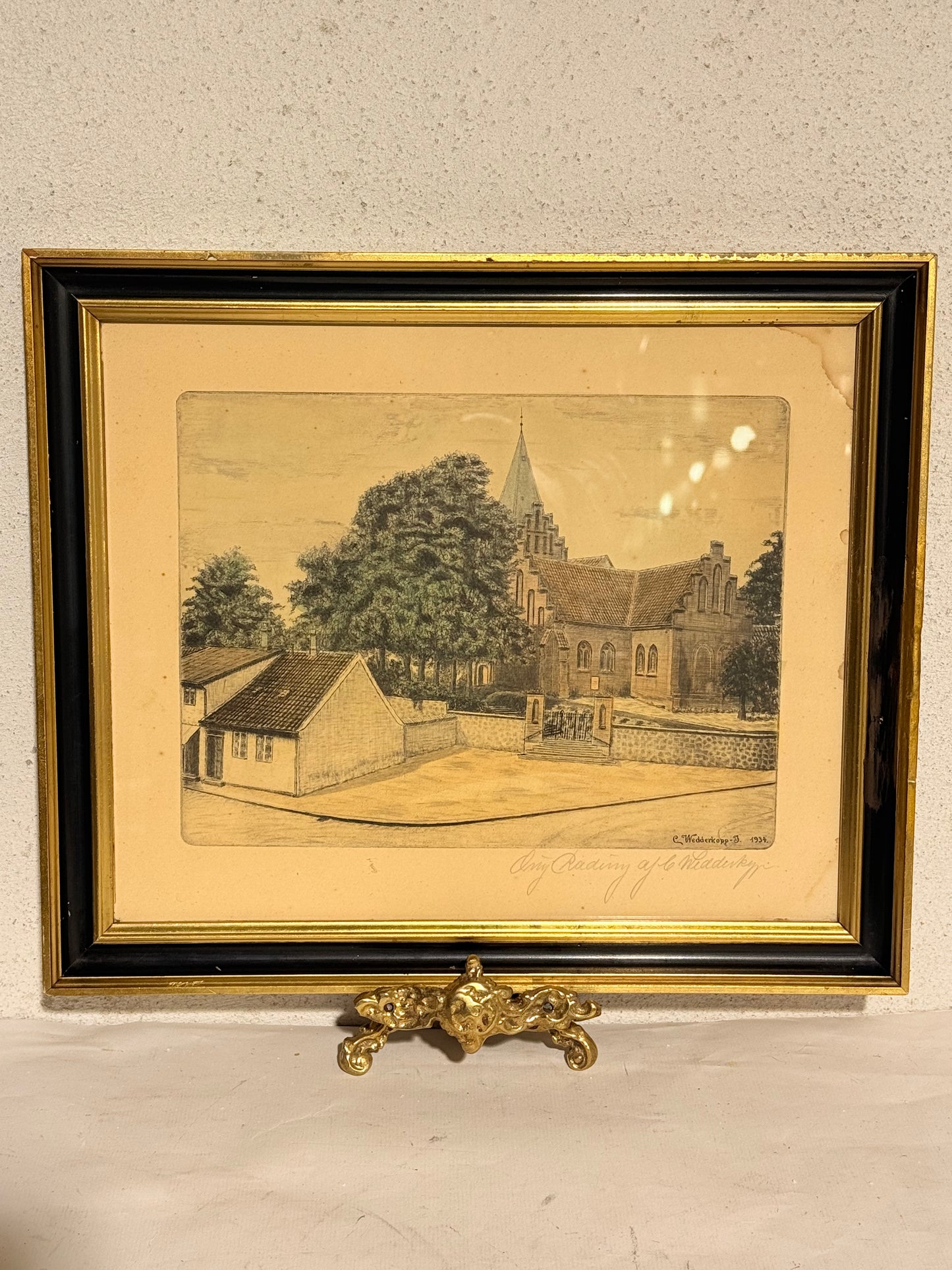 Carl Wedderkopp Jensen (f.1882–1951) Radering af Skt. Peders kirke, Slagelse. Fra 1934.