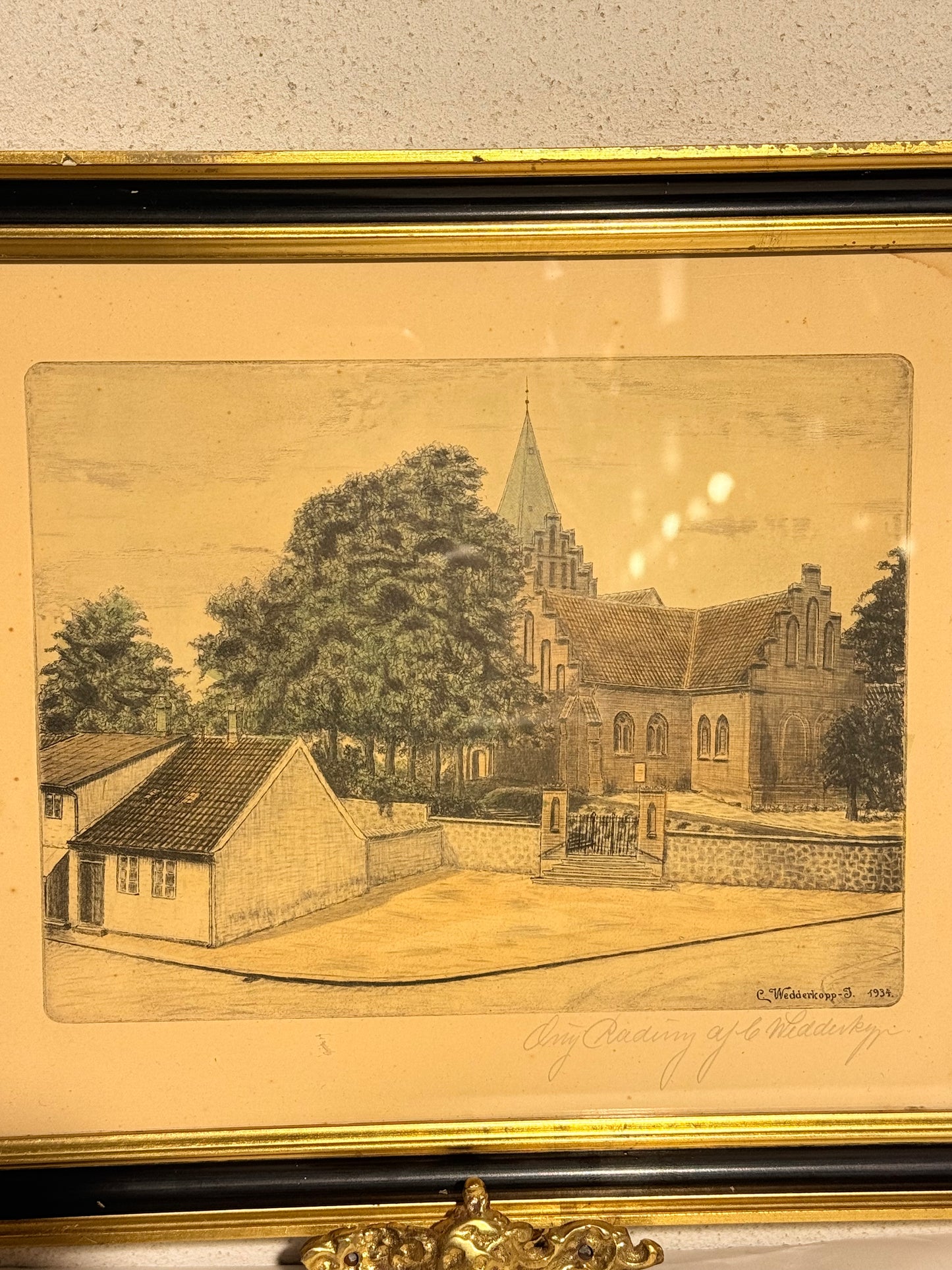 Carl Wedderkopp Jensen (f.1882–1951) Radering af Skt. Peders kirke, Slagelse. Fra 1934.