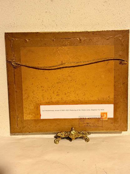 Carl Wedderkopp Jensen (f.1882–1951) Radering af Skt. Peders kirke, Slagelse. Fra 1934.