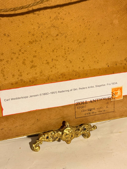 Carl Wedderkopp Jensen (f.1882–1951) Radering af Skt. Peders kirke, Slagelse. Fra 1934.