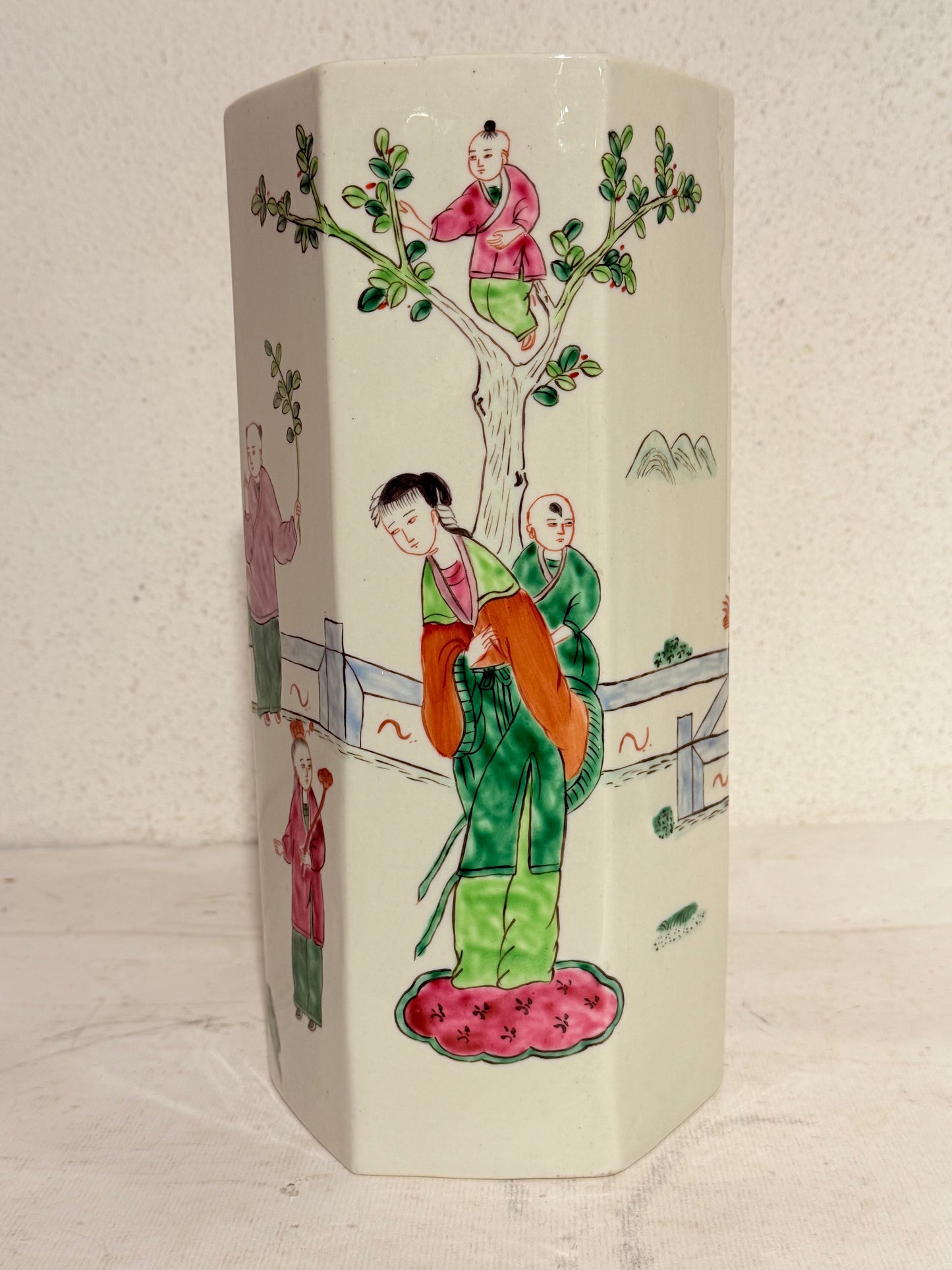 Older Chinese hexagonal hat stand vase, from the late 19th/early 20th century. Stamped.