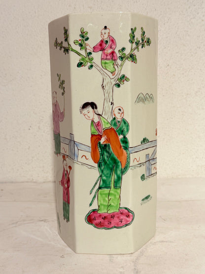 Older Chinese hexagonal hat stand vase, from the late 19th/early 20th century. Stamped.