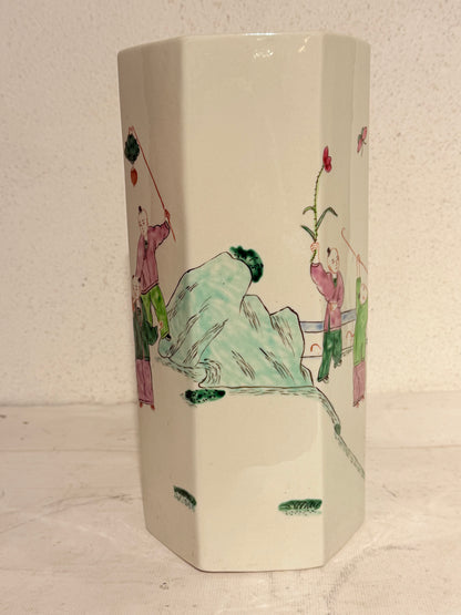Older Chinese hexagonal hat stand vase, from the late 19th/early 20th century. Stamped.
