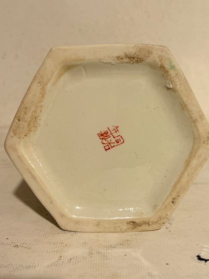 Older Chinese hexagonal hat stand vase, from the late 19th/early 20th century. Stamped.