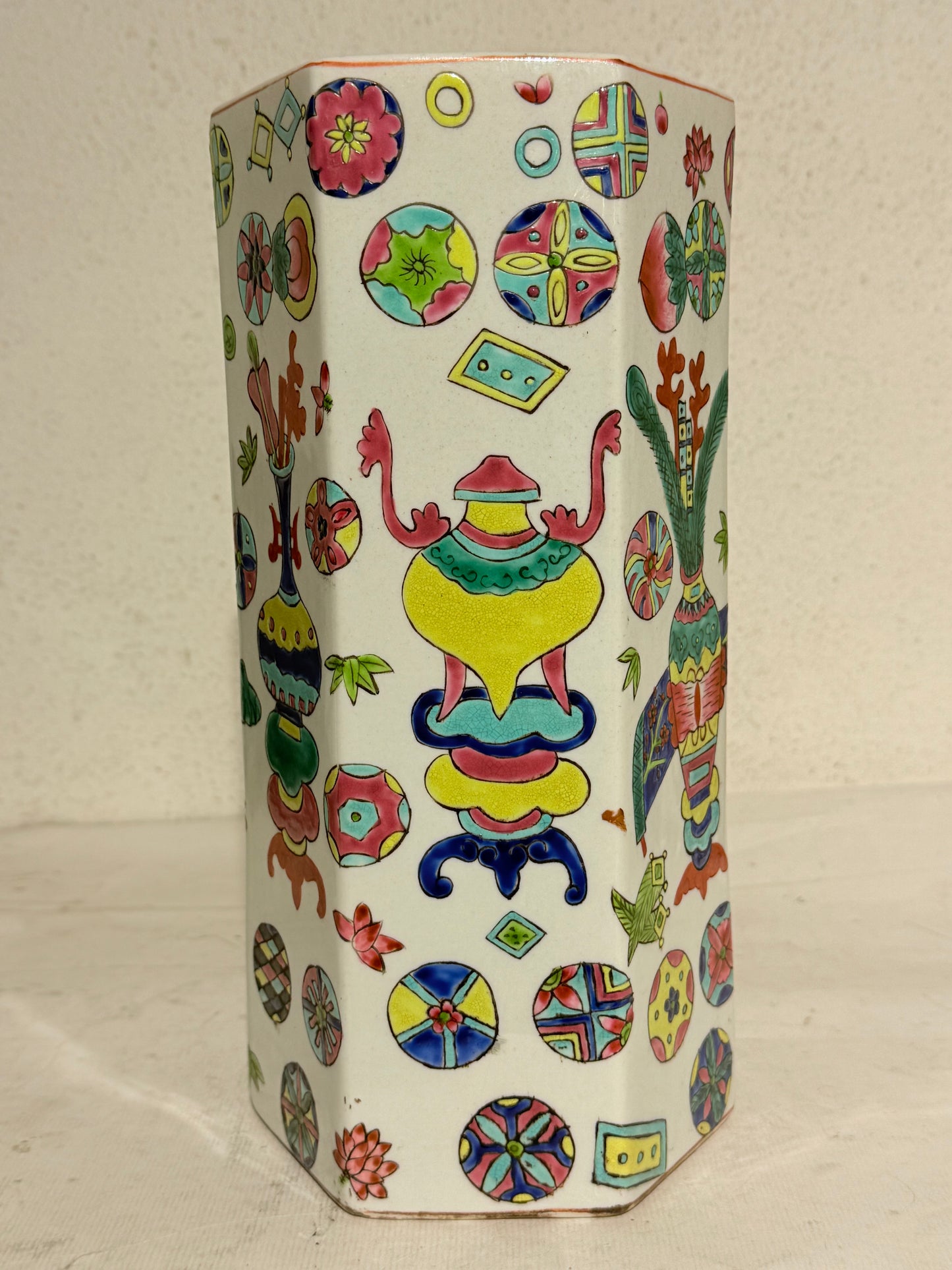 Older Chinese hexagonal hat stand vase, from the late 19th/early 20th century. Stamped.