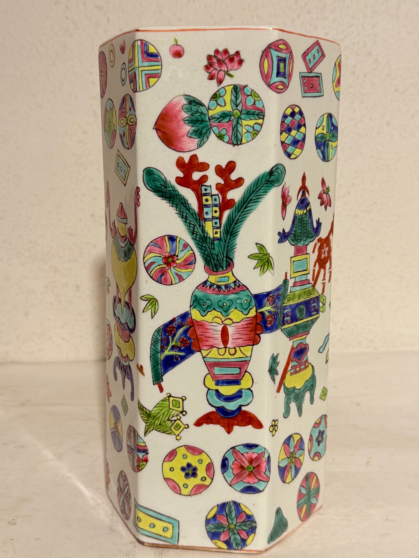 Older Chinese hexagonal hat stand vase, from the late 19th/early 20th century. Stamped.