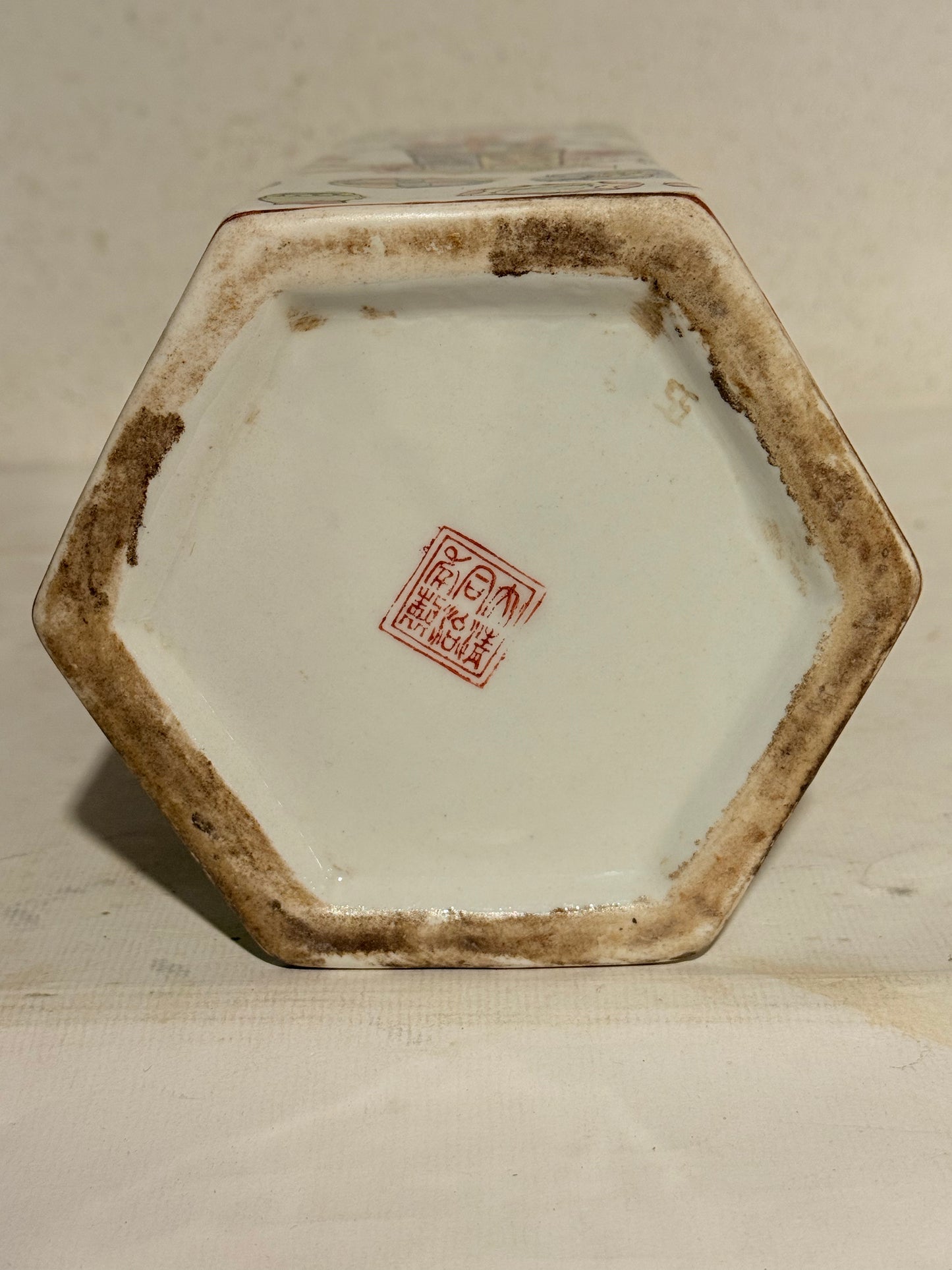 Older Chinese hexagonal hat stand vase, from the late 19th/early 20th century. Stamped.